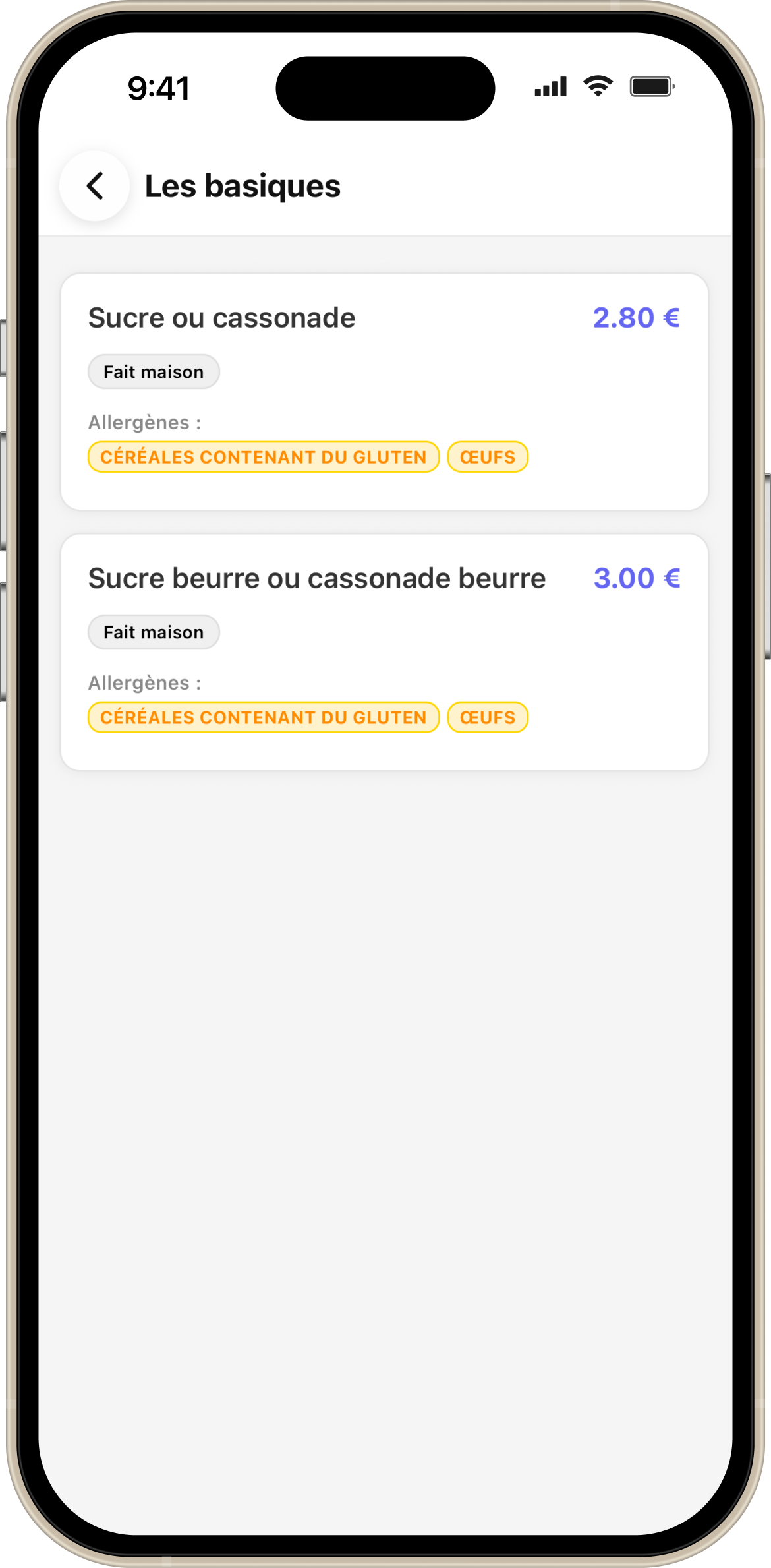 écran d'iPhone qui affiche une liste de plats