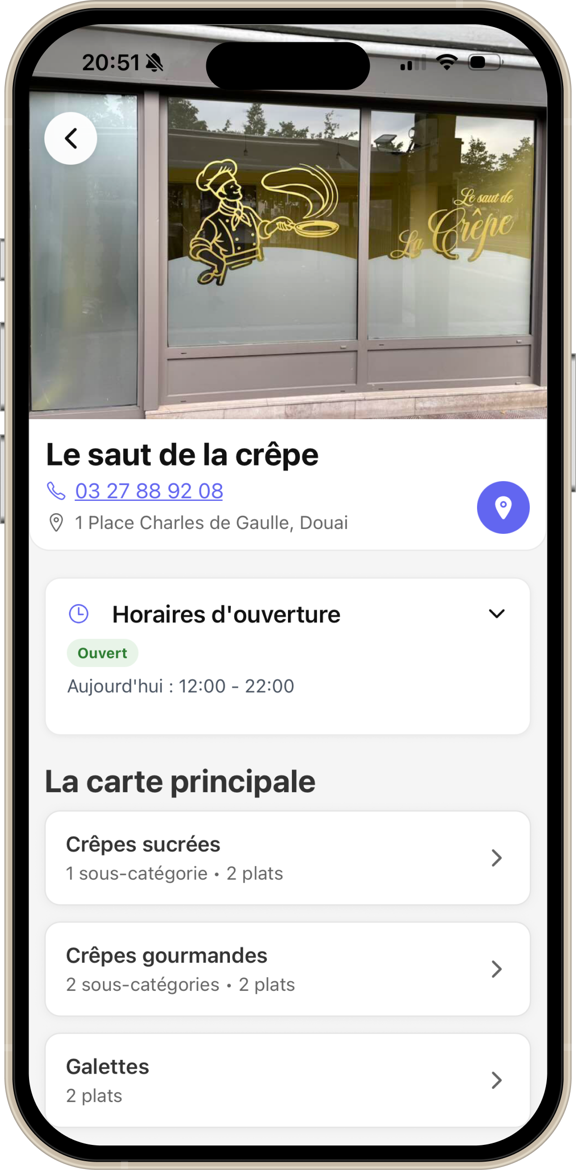 écran d'iPhone qui affiche le détail d'un restaurant